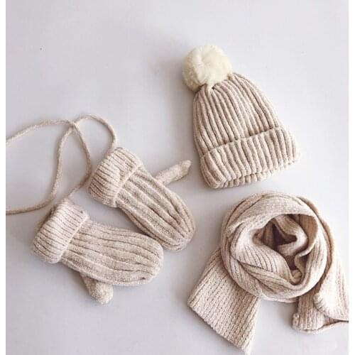 3PCS Fashion Cotton Baby knit Hat Scarf Gloves Autumn Winter Children Scarf-collar Boys Girls Warm Beanies Caps Scarf Sets