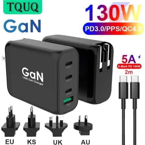 TQUQ 130W GaN USB-C Power Adapter, USB C PD 100W PPS 45W for Laptops MacBook iPhone Samsung Note10, QC3.0/SCP for Huawei Xiaomi