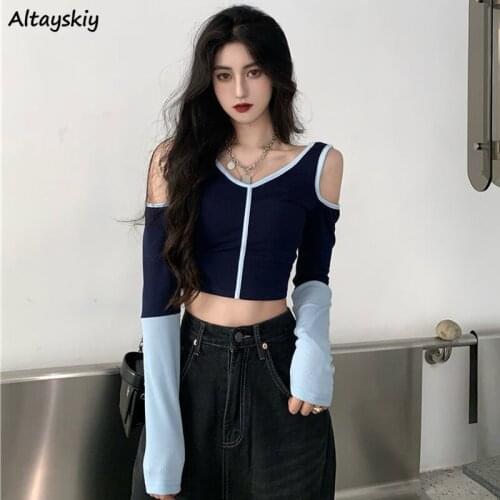Hollow Out T-shirts Women Panelled Patchwork Hot Korean Style Club Streetwear Ins Retro Skinny Female Crop Top Trendy Popular