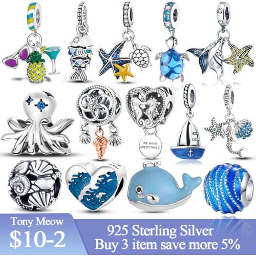 925 Sterling Silver Summer New Ocean Series Narwhal Charm Starfish Baby turtle Beads fit Silver Pan Bracelet Jewelry