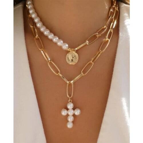 Real pearl cross necklaces for women stainless steel splicing chain coin pendant necklace stackable trendy designer 2021