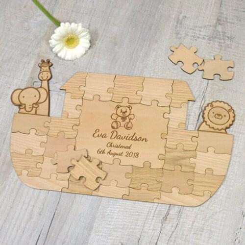 Noahs Arc Shaped Wooden Jigsaw Puzzle Piece Christening Guestbook Unique Idea