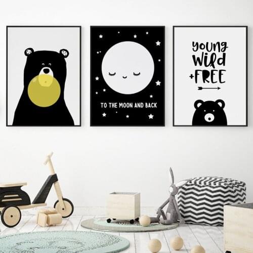 Baby Nursery Wall Art Canvas Posters Black and White Bear Prints Cartoon Nordic Kids Decoration Picture Children Bedroom Decor