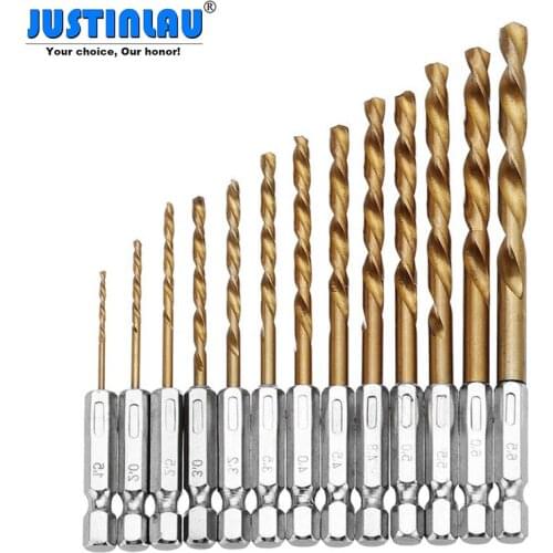 JUSTINLAU 13pcs 1.5-6.5mm HSS Titanium Coated 1/4 Inch Hex Shank Twist Drill Bit Set
