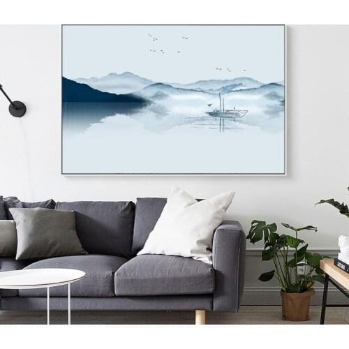 Modern New Chinese Wall Art Landscape Mountains Poster Picture Canvas Painting Wall Art for Living Room Home Decor (No Frame)