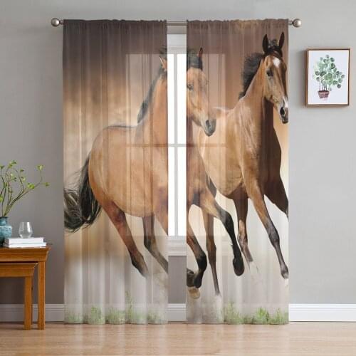 Brown Running Horse Animal Print Sheer Window Panel Curtains Room for Living Room Bedroom Kitchen Room Chiffon Tulle Curtains
