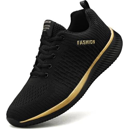 Plus Size Summer Lightweight Man Sport Shoes Women Running Shoes Men Sports Sneakers Black Gold Flat Sneackers Walking GMB-1949