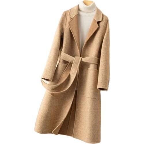 New Winter Coat For Women Mid-Length Slim Double Faced Wool Jacket Female Cashmere Clothing Windbreaker Belt Pocket Outerwear