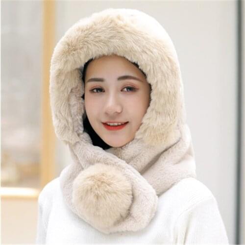 New Female Warm Fur Knitted Hat And Scarf Set Woman Plus Velvet Collar Thickening Hats Set Winter Beret Hats For Ladies