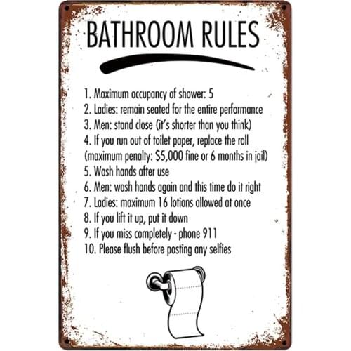 Original Retro Design Bathroom Rules Tin Metal Signs Wall Art | Thick Tinplate Print Poster Wall Decoration for Bathroom