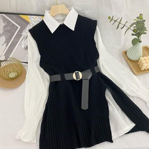 Autumn Winter Womens Shirt Vest Two Piece Set New Lantern Sleeve Lapel Shirt Knitted Vest Two Piece Top Womens Sets GD592