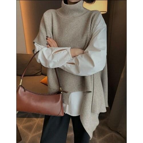 Autumn Knitted Sweaters Irregular sleeveless Turtleneck Knitted Female Pullovers