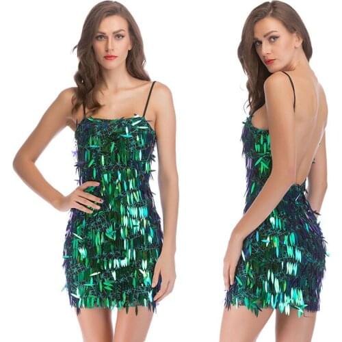 Women Summer Fashion Green Sequined Dresses HYGGE Sleeveless Strap Elegant Hot Sundress Sexy Party Feminina Mini Dress