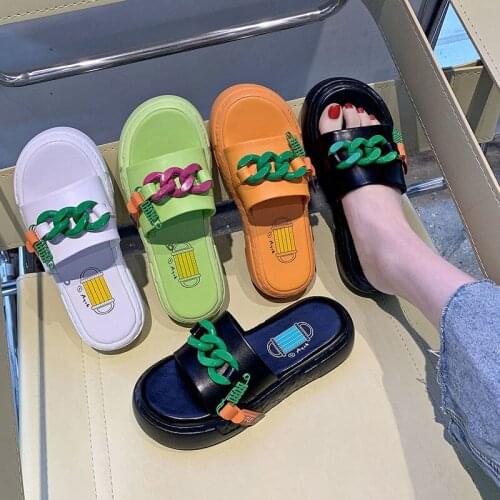 New Spring Slippers Women Fashion Metal Chain Decorated Flat Sandals Casual Shoes Outdoor Slides Zapatillas Mujer