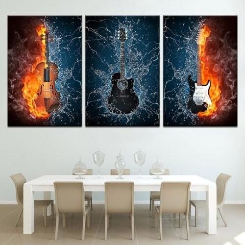 Modern HD Printed Wall Art Frame Canvas Picture 3 Pieces Musical Instrument Guitar Burning Flame Painting Poster Home Decor