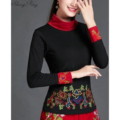 Traditional Chinese shirt women ethnic mandarin collar long sleeve black embroidery blouse blusa tops cosplay costumes V1836
