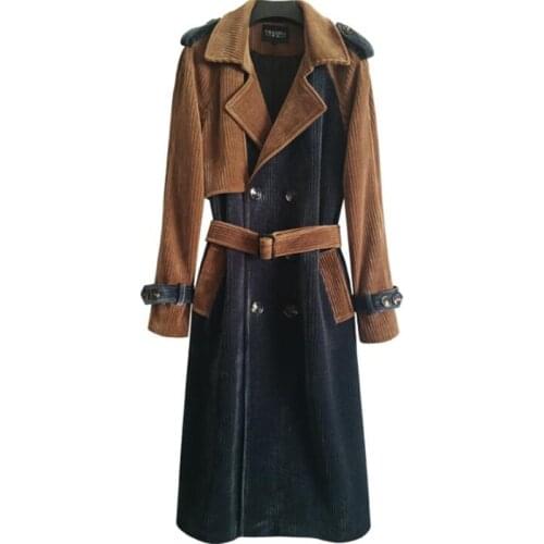 Mens trench coats man corduroy colorblock long coat men clothes slim fit overcoat long sleeve 2020 spring autumn new designer