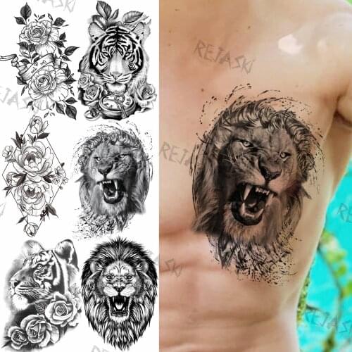 Tribal Black Lion Temporary Tattoos For Men Women Realistic Tiger Geometric Flower Compass Fake Tattoo Sticker Chest Tatoos 3D