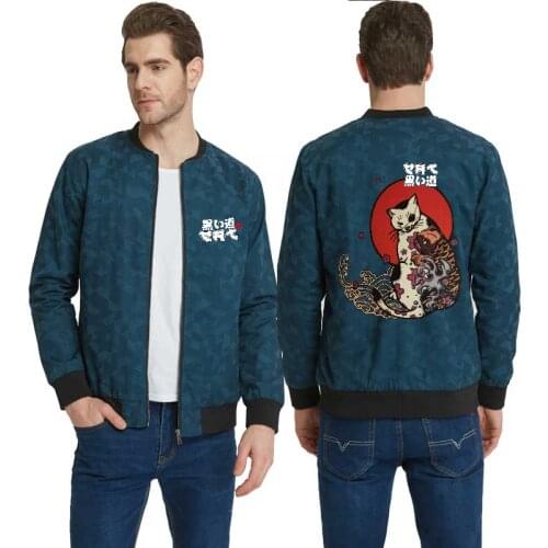 Japanese Ukiyo E Cat Jackets Men Baseball Casual Jacket Streetwear Windbreaker Stand Collar Coat Wholesale Outwear Homme Clothes