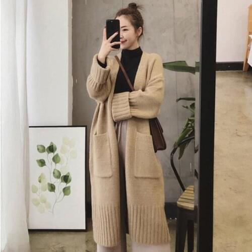 Women 2021 Autumn Winter New Long Cardigan Female Long Sleeve Loose Knitting Coats Ladies V-neck Loose Sweater Jackets T483