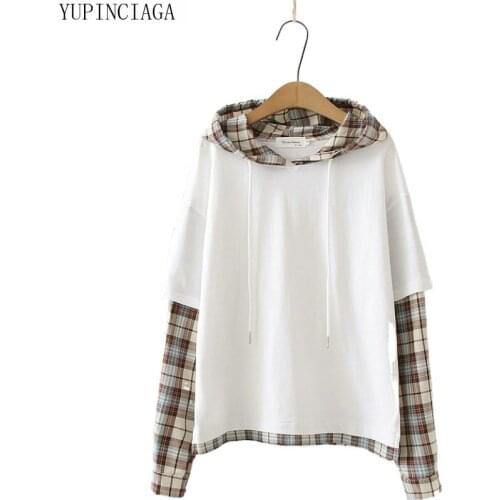 Women Sweatshirt Hooded Plaid Patchwork Hoodies Tracksuit 2020 Spring Casual Fake 2 Piece Harajuku Student Pullovers YUPINCIAGA