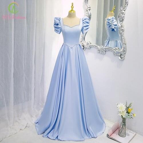 SSYFashion Light Blue Satin Evening Dress for Women Princess Puff Sleeve A-line Pearls Beading Prom Party Formal Gowns Vestidos