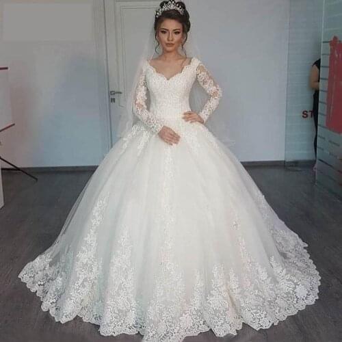 2020 High Quality Wedding Dress Long Sleeve V-neck Ball Gown Tail Lace Robe De Mariee Real Photo Bridal