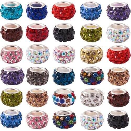 100pcs Mixed Color Rondelle Polymer Clay Rhinestone Bead European Beads with Brass Cores Jewelry Making 12x7mm Hole: 5mm