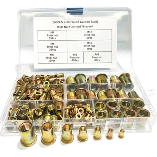 166Pcs/Box M3 M4 M5 M6 M8 M10 M12 Carbon Steel Color Zinc Flat Head Rivet Nut Combination Set Threaded Insert Nut Se