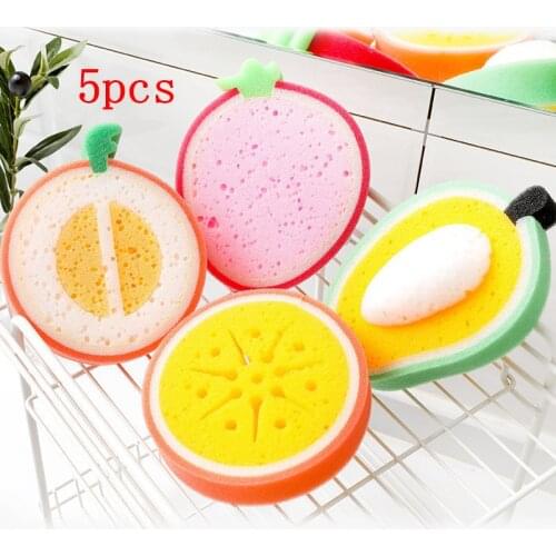 5pc Dishwashing Sponge Household Cleaning Kitchen Accessories New Strawberry Mango Orange Cleaning Brush For Kitchen Convenience