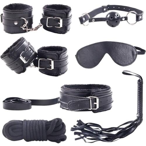 7 Pieces/Set Collar Furry Fuzzy Bed Bondage Gear Restraint Set Kit Ball Gag Cuff Whip Sexy 2019 Products Sex Toys For Lovers