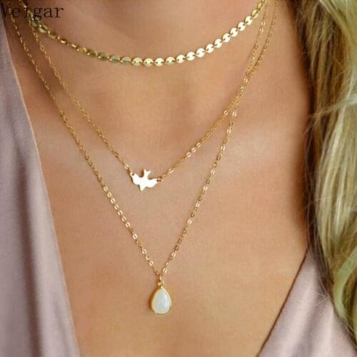 White Drop Water Pendant Dove Bird Necklace Round Sequins Chokers Necklaces Female 2018 Fashion Jewelry Gold Silver Color