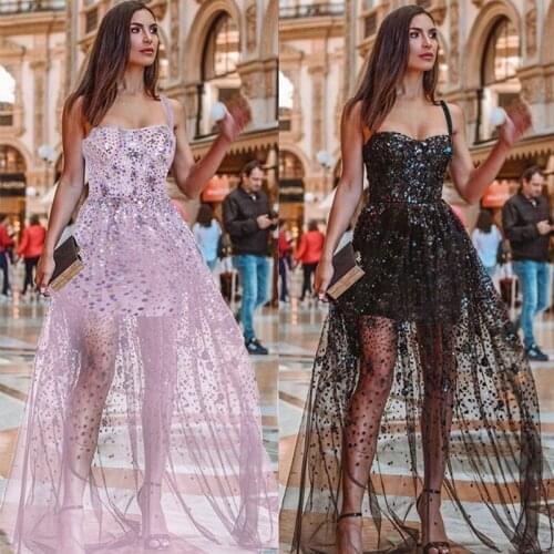 High waist mesh colored Sequin starry sky long dress fashion sleeveless off shoulder Night club elegant party womens dresses