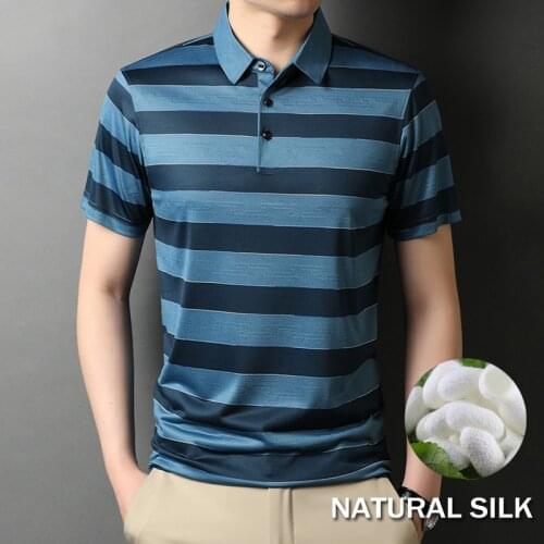 Cotton Silk Lyocell Blend Soft Polo Shirt Men Short Sleeve Breathable Brand High Quality Polos Black And Blue Striped Poloshirt