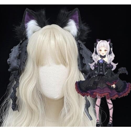 Hollive Virtual Anchor Purple Poetry Murasaki Shion Magician Witch Cat Ears Hairhoop Bow Headwear Beast Cosplay Halloween Set