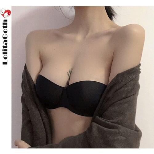 LolitaGoth Black/Nude Adhesive Backless Bralette Seamless Bra Invisible A/B/C/D Bra Strapless Push Up Bra NuBra for Wedding