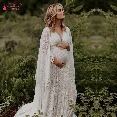 Lace Wedding Dresses Flare Sleeve High Wasit softness mercy dress Pregnant Bridal Gowns Plus Size Tassel Fashion Noivas ZW333