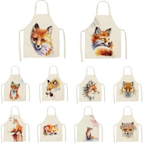 1Pcs Kitchen Apron Cartoon Hand Painted Fox Printed Sleeveless Cotton Linen Aprons For Men Women Home Cleaning Tools 55*68cm