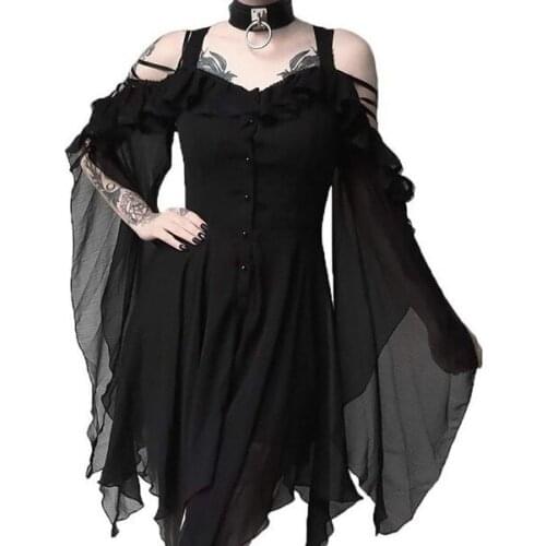 Summer Fashion Elegant Black Dress Women Plus Size Flare Sleeve Medieval Vintage Robe Sexy Off Shoulder Gothic Irregular Dresses