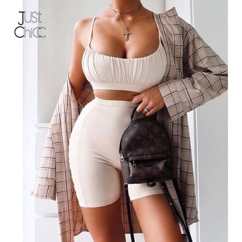 Justchicc Summer Sexy Two Piece Set Women Spaghetti Strap Ruched Crop Tops And Pants Set Diamond Party Club Matching Set Outfit