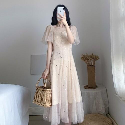 LLZACOOSH 2021 Summer Beige Glistening Mesh Dress Vestidos Ladies Hight Waist Square Collar Flare Sleeve Midi Offive Party Dress