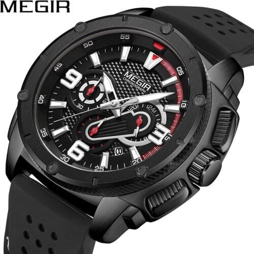 MEGIR New Fashion Mens Watches Top Brand Luxury Big Dial Military Quartz Watch Silicone Waterproof Chronograph Sport Watch Men