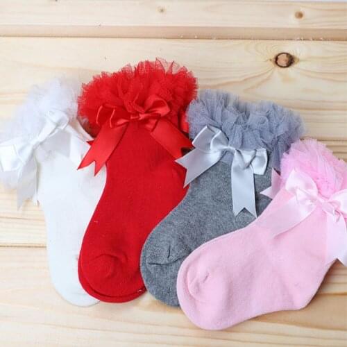 Newborn Baby Socks With Bow Lace Princess Girl Sock Solid Color Soft Cotton Infant Baby Girls Sokken