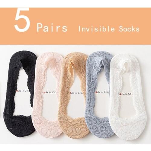 5 Pairs Lace High-heeled shoes socks non-slip Summer for Women ladies letter Invisible Solid Color Short Ankle Boat Fruits