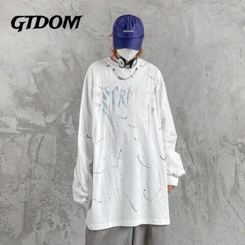 GTDOM 2021 Autumn New Casual Loose T-shirts Cotton American Hip Hop and Tees Hot Fix Tops O-Neck Long Sleeve Men Clothing