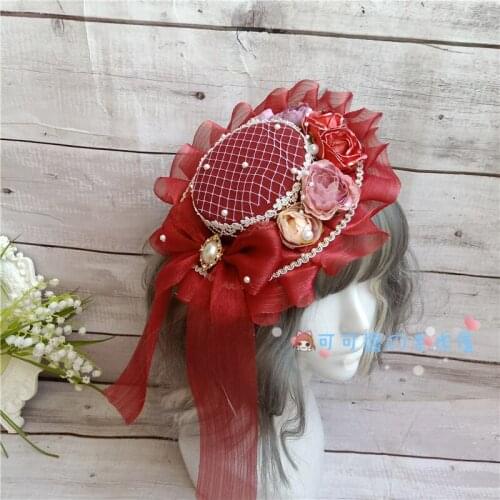 Original Lolita Flat Hat Gorgeous Tea Party Elegant Hat Flower Wedding Dress Accessories Dark Cla Top Hat Hair Accessories
