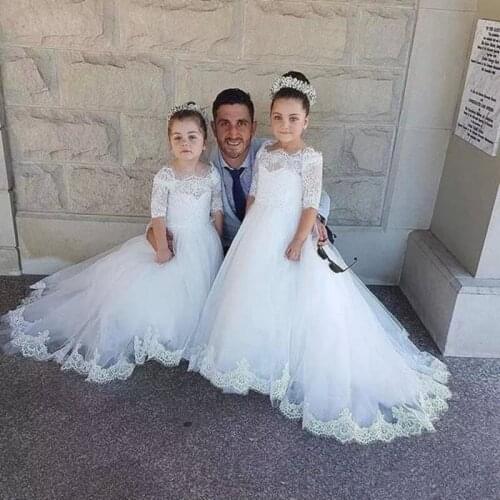 Flower Girl Dresses Lace Applique Princess Half Sleeve Flat Collar Fluffy First Holy Communion Party Dresses