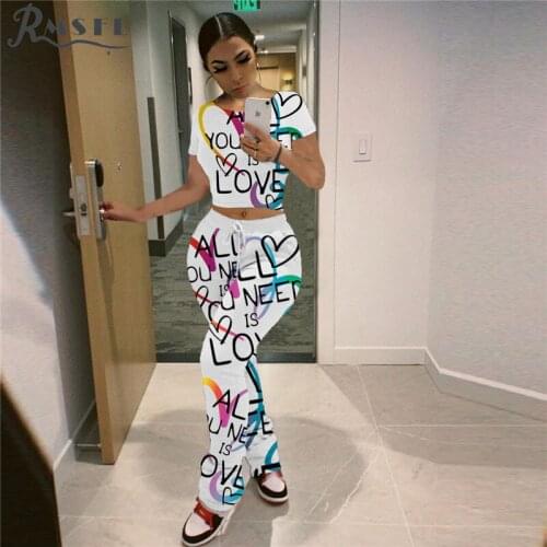 RMSFE 2021 European And American Womens Fashion Printed Round Neck Stacked Pants Casual Short Sleeve Two Piece Set