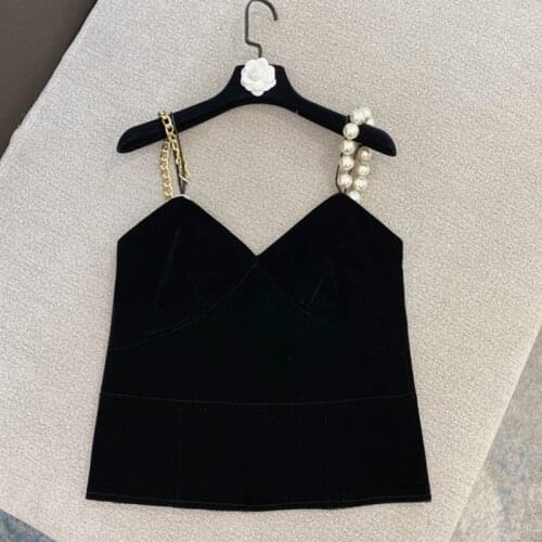Sexy Top Womens Pearl Gold Chain Shoulder Strap Black Slimming Velvet Vest Camisole Tank Black