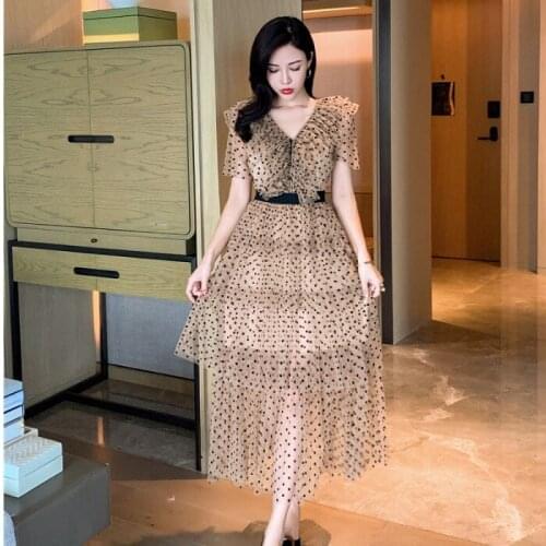 Vintage V Neck Sexy Dot On Vacation Dress Fashion Ruffles Mesh Women Sweet 2021 Summer Flare Sleeve Casual Party Cake Dress